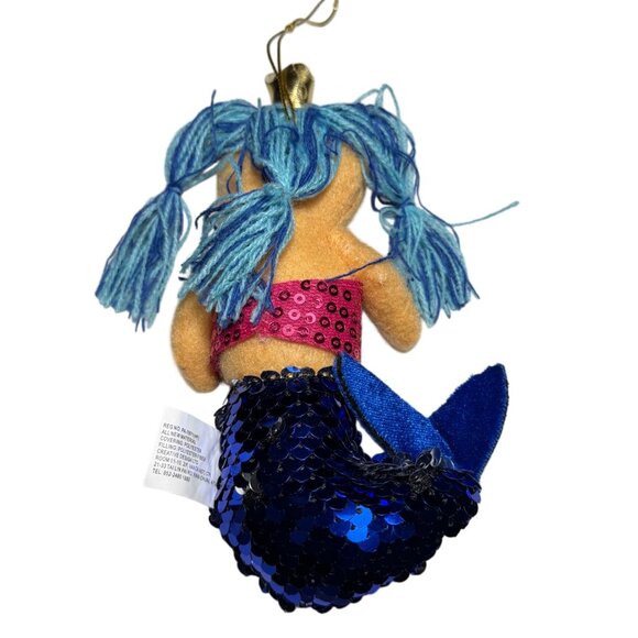 Sequin Mermaid Plush Ornament With Blue Yarn Hair & Gold Loop For Hanging - Picture 3 of 4
